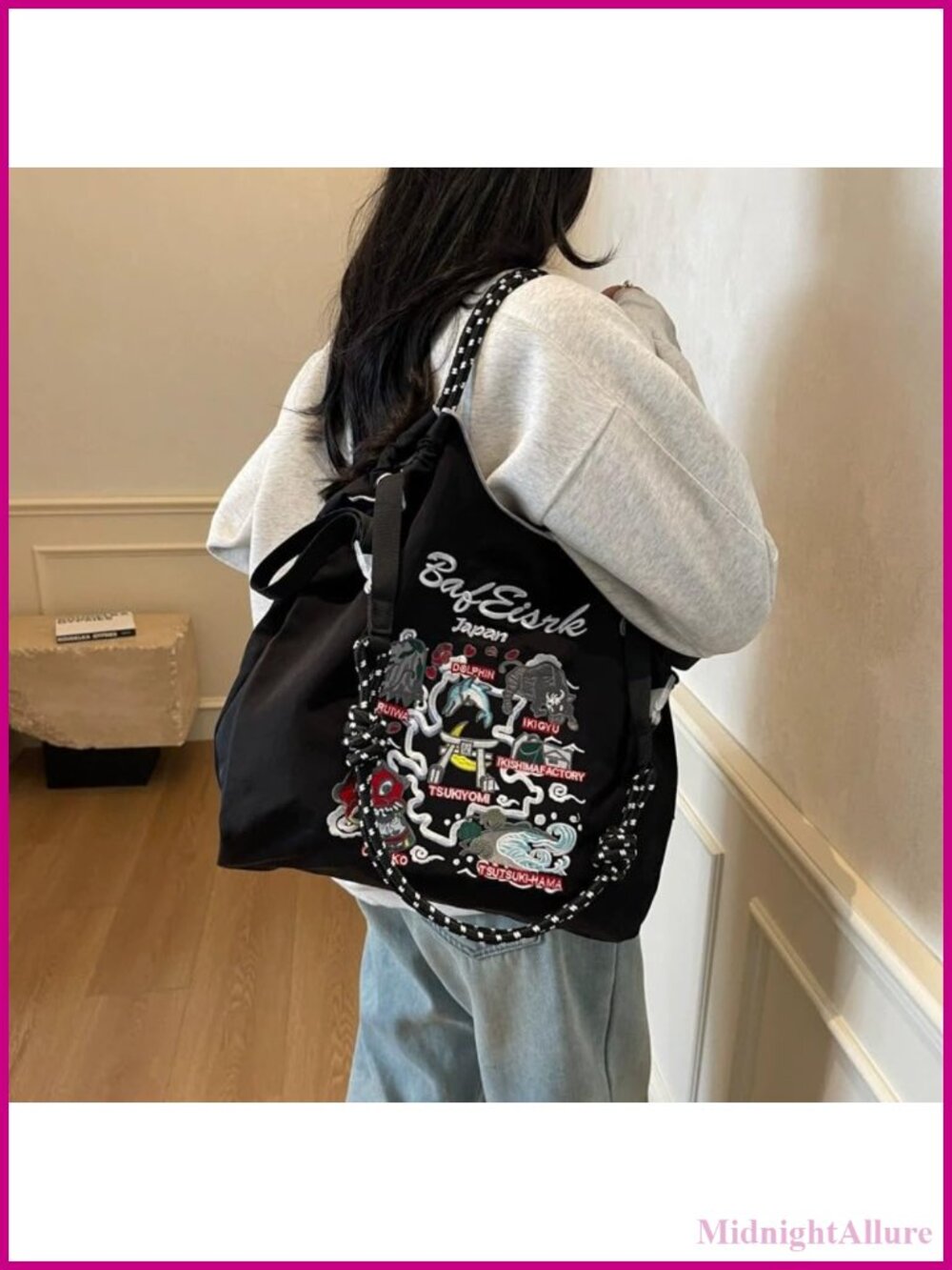 Embroidered Waterproof Nylon Tote Bag Crossbody Shoulder Handbag for Work